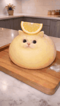 Cat Shaped Bread With Lemon Slice On Head GIF