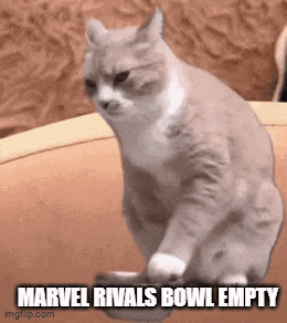 Cat Sitting on Couch Caption Marvel Rivals Bowl Empty