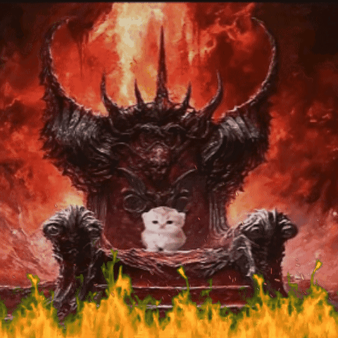 Cat Sitting on Demon Throne with Flames