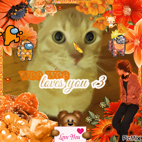 Cat Surrounded by Flowers Saying Love You 3
