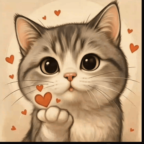 Cat Surrounded by Red Hearts Holding Heart