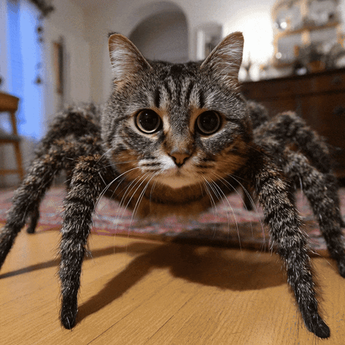 Cat That Looks Like Spider Standing On Wooden Floor GIF