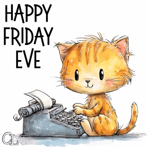 Cat Typing Happy Friday Eve on Typewriter