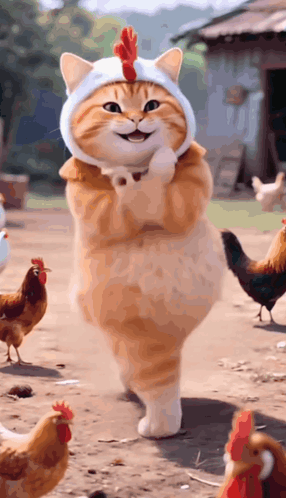 Cat Wearing Chicken Hat Surrounded by Chickens