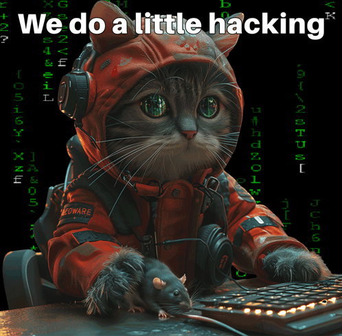 Cat Wearing Headphones and Red Jacket We Do a Little Hacking