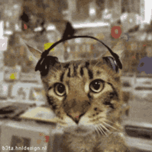 Cat Wearing Headphones Looking At Camera GIF
