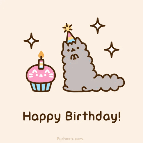 Cat Wearing Party Hat With Cupcake And Happy Birthday GIF