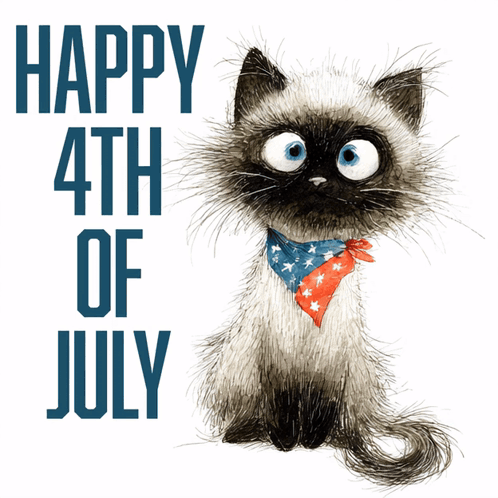 Cat Wearing Red White and Blue Scarf Saying Happy 4th of July