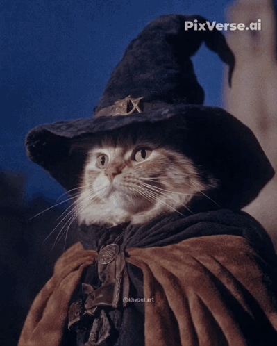 Cat Wearing Witch Hat and Cape