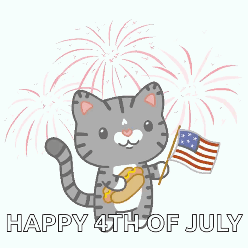 Cat with American Flag, Hot Dog, Fireworks, Happy 4th of July