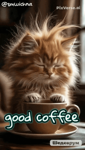 Cat With Cup Of Coffee Saying Good Coffee GIF