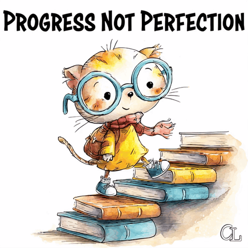 Cat With Glasses and Backpack on Books Saying Progress Not Perfection