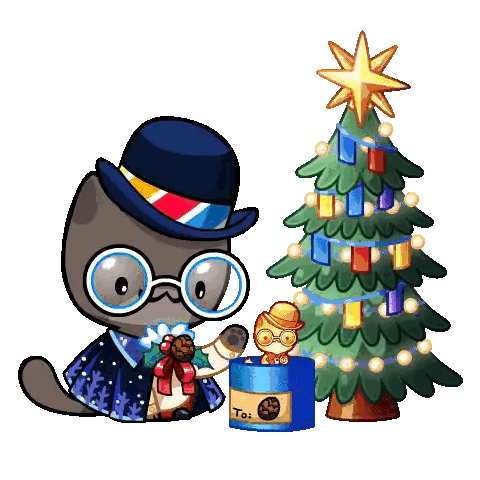 Cat with Glasses and Top Hat Next to Christmas Tree