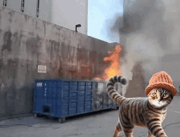 Cat With Hat Near Burning Dumpster