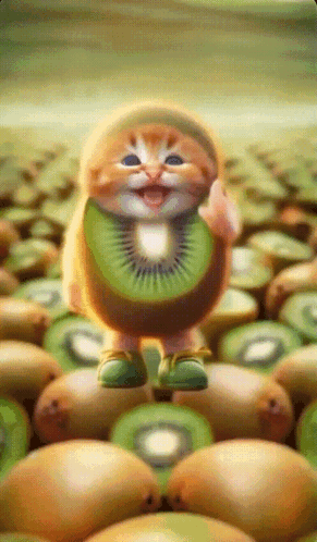 Cat With Kiwi Slice on Head in Kiwi Pile
