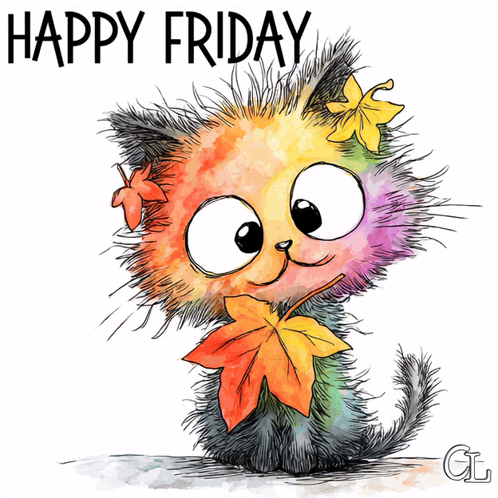 Cat With Leaves On Head Happy Friday GIF