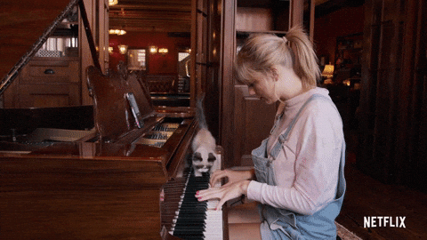 Cat With Owner Woman Plays Piano GIF
