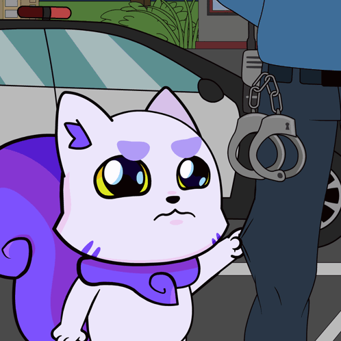 Cat With Purple Squirrel Next To Police Officer GIF