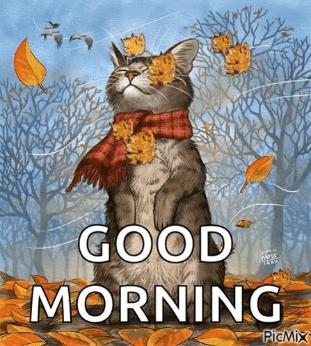 Cat With Scarf Surrounded by Leaves Good Morning