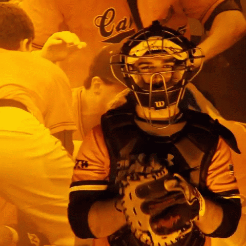 Catcher in Wilson Helmet on Yellow Background