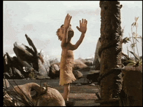 Daddy Caveman Failed To Catch Baby Caveman GIF