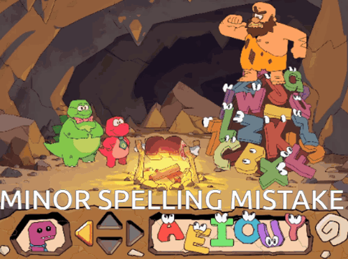 Caveman Standing on Letters Minor Spelling Mistake