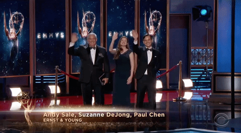Celebrities Smile And Wave During The Emmy Awards GIF