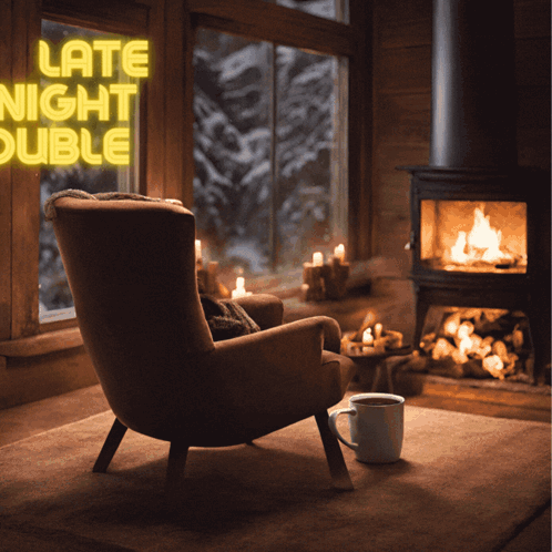 Chair in Front of Fireplace with Late Night Double