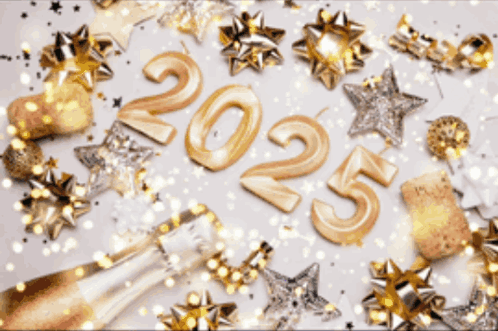 Champagne Bottle With Gold and Silver Decorations and 2025 Candles