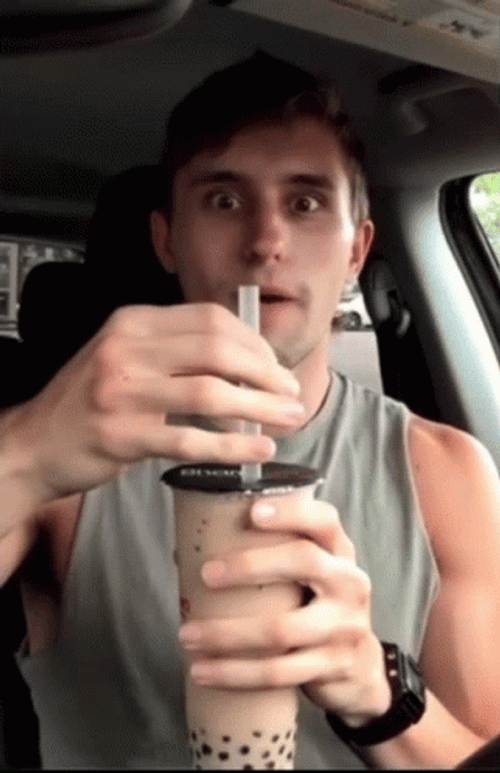 Chaotic Guy Choke While Drinking Bubble Tea GIF
