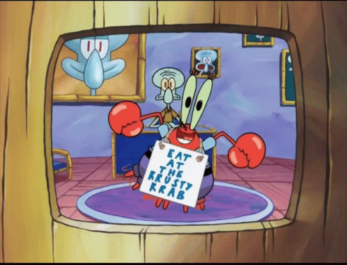 Character Holding Eat At The Krusty Krab Sign