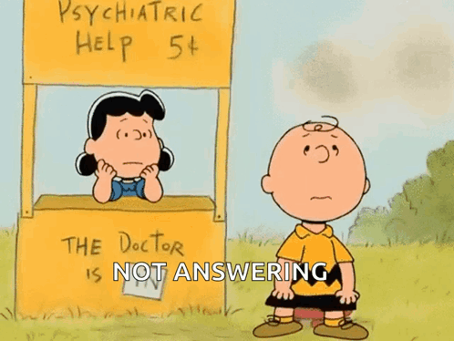 Charlie Brown And Lucy Brown Are Standing In Front Of A Psychiatric Help Stand GIF