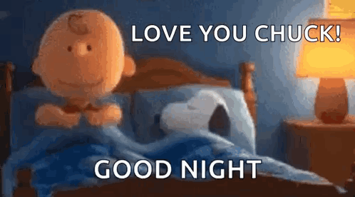 Charlie Brown And Snoopy Are Sleeping In A Bed With The Words `` Love You Chuck , Good Night '' . GIF