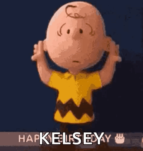 Charlie Brown From The Peanuts Movie Is Holding His Hands Up In The Air And Says Happy Kelsey . GIF