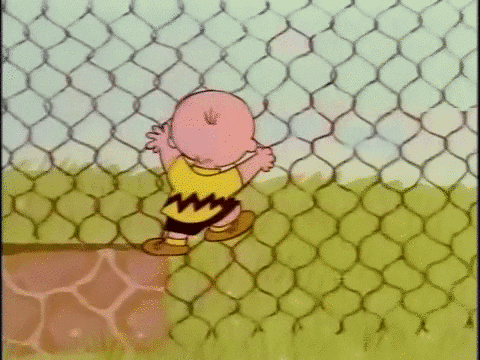 Charlie Brown Is Standing Behind A Chain Link Fence In A Cartoon . GIF