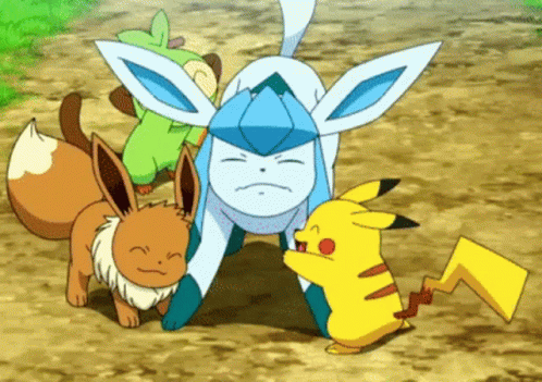 Charming Pokemon Friends Pikachu Eevee Struggling Glaceon GIF