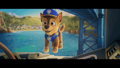 Chase From Paw Patrol Flying Over Water GIF