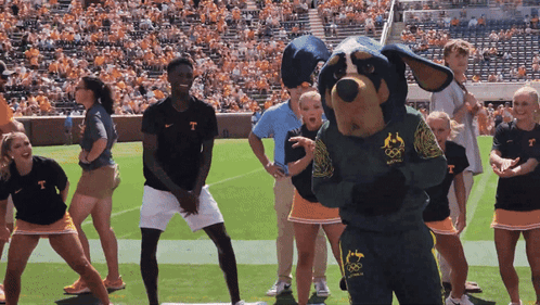Cheerleaders Dancing in Front of Mascot Wearing T Shirt