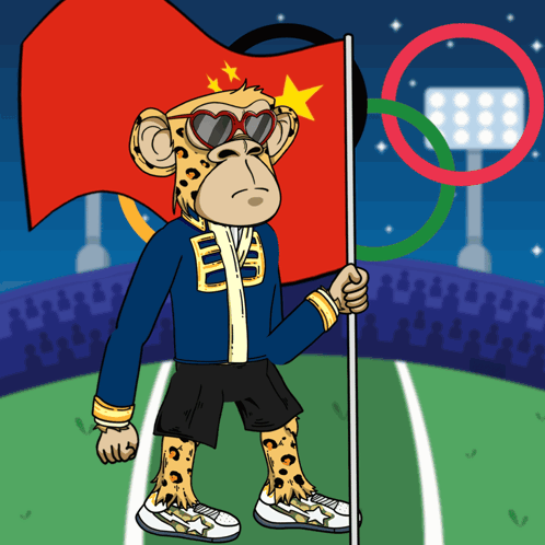 Cheetah Holding Flag in Front of Stadium
