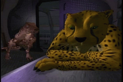 Cheetah Laying Down With Dinosaur Behind GIF