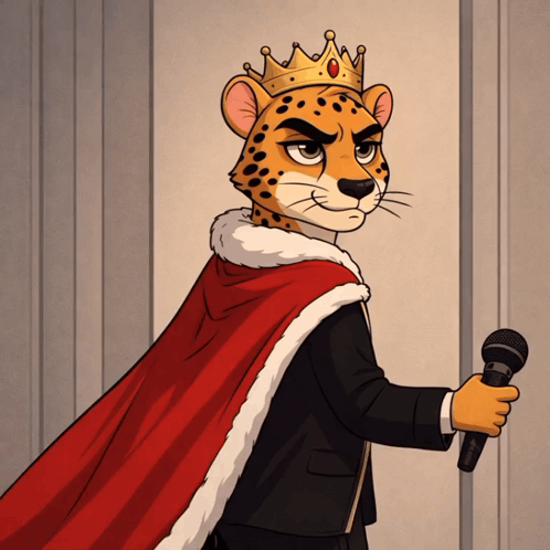Cheetah Wearing Crown Holding Microphone