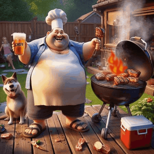 Chef Cooking on Grill Holding Beer