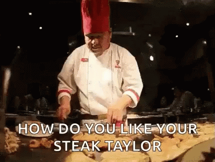 Chef Cooking Steaks on Grill Saying How Do You Like Your Steak Taylor