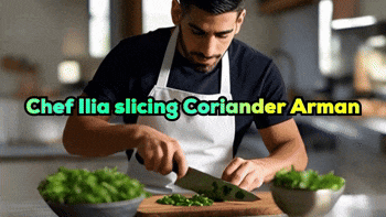 Chef Ilia Slices Coriander On A Cutting Board With A Knife GIF