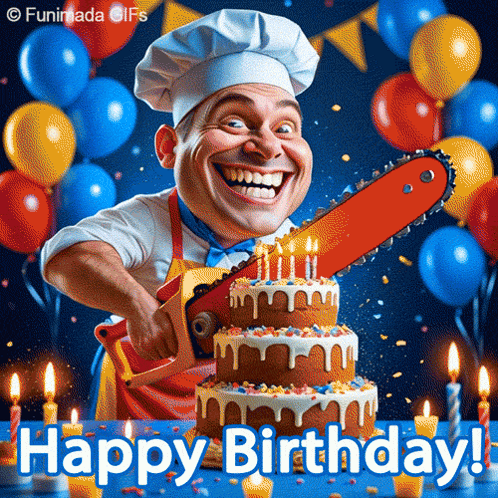 Chef With Chainsaw Cutting Birthday Cake GIF