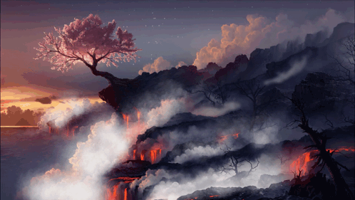 Cherry Blossom Tree Surrounded by Lava