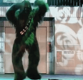 Chewbacca Dancing in Front of Elevator Sign