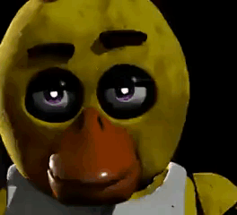 Chica The Chicken From Five Nights At Freddy 'S Is A Yellow Duck With Purple Eyes And A Large Beak . GIF