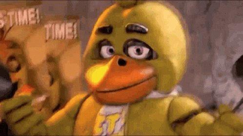 Chica The Chicken From Five Nights At Freddy 'S Is Wearing A Duck Costume And Holding A Microphone . GIF
