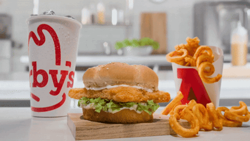 Chicken Sandwich and Fries with Cup Saying by 's